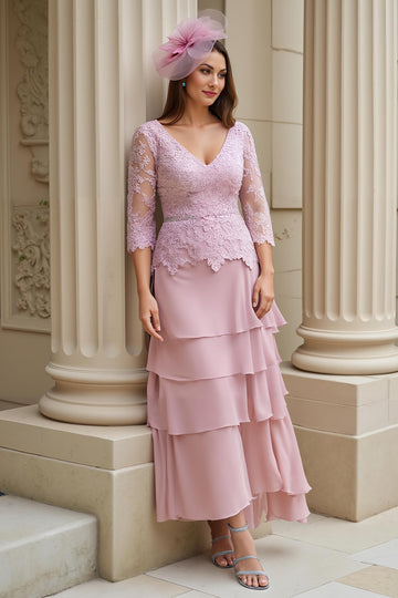 Blush Tiered A-Line V-Neck Appliqued Mother Of The Bride Dress